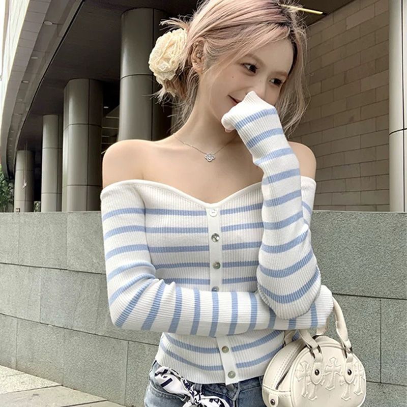 Womens French Shoulder Striped Long Sleeve Shirt